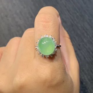 Icy Clear Green Natural Jadeite Cabochon Ring — S925 Silver · No. F97C