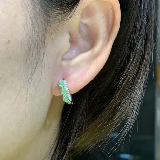 Icy Glowing Green Natural Jadeite Cabochon Huggie Earrings — S925 Silver · No. 8D09