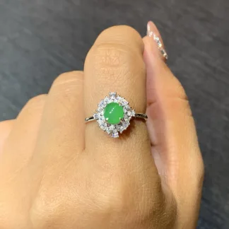Vivid Green Natural Jadeite Cabochon Ring — S925 Silver · No. 69C4