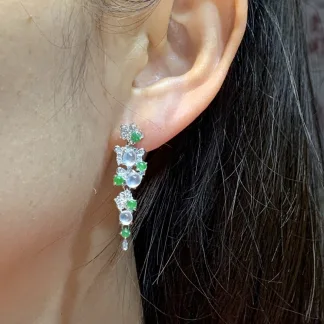 High-Icy White and Green Natural Jadeite Cabochon Drop Earrings — S925 Silver · No. C099