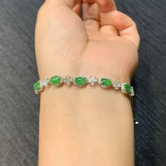 Icy Vivid Green Natural Jadeite Cabochon Bracelet — S925 Silver · No. 1B4F