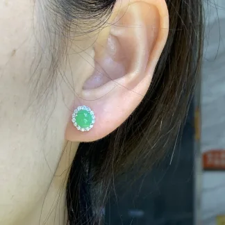 Icy Vivid Green Natural Jadeite Cabochon Stud Earrings — S925 Silver · No. FAD5