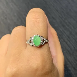 Icy Vivid Green Natural Jadeite Cabochon Ring — S925 Silver · No. F44D