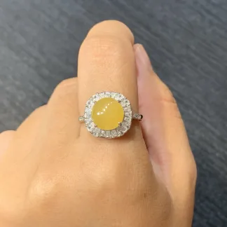 Icy Honey Yellow Natural Jadeite Cabochon Ring — S925 Silver · No. 5C1E