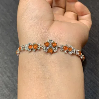 High-Icy Orange-Red Natural Jadeite Cabochon Bracelet — S925 Silver · No. 1862