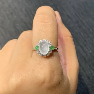 High-Icy Glowing Natural Jadeite Cabochon Ring — S925 Silver · No. DD1C