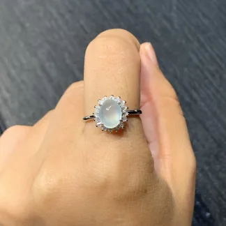 High-Icy Glowing Natural Jadeite Cabochon Ring — S925 Silver · No. 0697