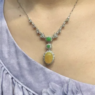 Icy Honey Yellow Natural Jadeite Cabochon Necklace — S925 Silver · No. 11FE