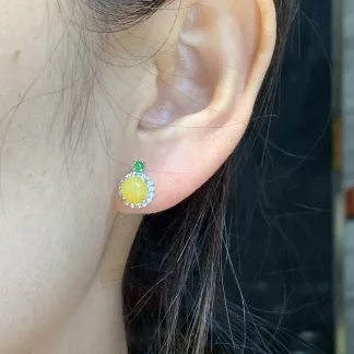 Icy Honey Yellow Natural Jadeite Cabochon Stud Earrings — S925 Silver · No. 908C