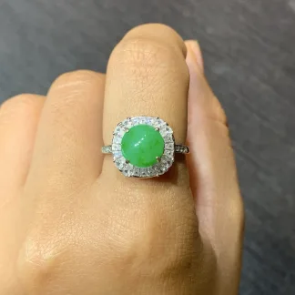 Vivid Green Natural Jadeite Cabochon Ring — S925 Silver · No. 257E