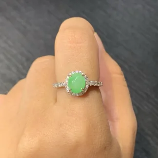 Icy Soft Vivid Green Natural Jadeite Cabochon Ring — S925 Silver · No. 4DFF