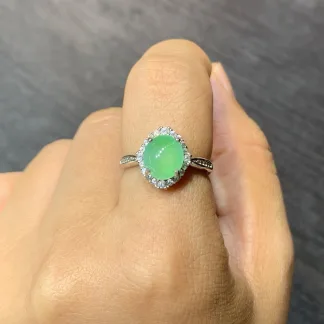 Icy Soft Green Natural Jadeite Cabochon Ring — S925 Silver · No. F386