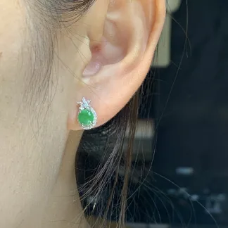 Icy Vivid Green Natural Jadeite Cabochon Stud Earrings — S925 Silver · No. A8A6