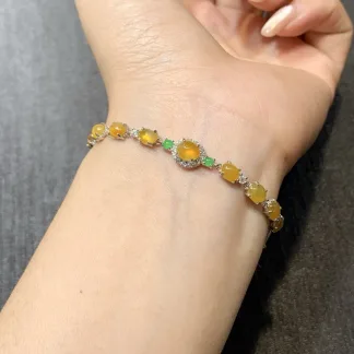 High-Icy Honey Yellow Natural Jadeite Cabochon Bracelet — S925 Silver · No. DBEE