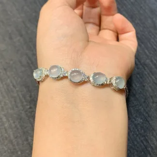 High-Icy Glowing Natural Jadeite Cabochon Bracelet — S925 Silver · No. 7B31