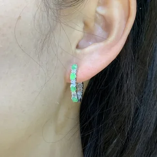 Icy Soft Vivid Green Natural Jadeite Cabochon Hoop Earrings — S925 Silver · No. 94C9