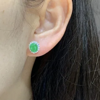 Icy Vivid Green Natural Jadeite Cabochon Stud Earrings — S925 Silver · No. 8614