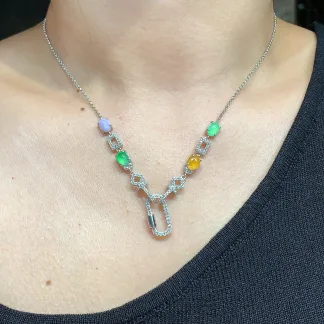 High-Icy Multicolor Natural Jadeite Convertible Cabochon Chain — S925 Silver · No. C02F