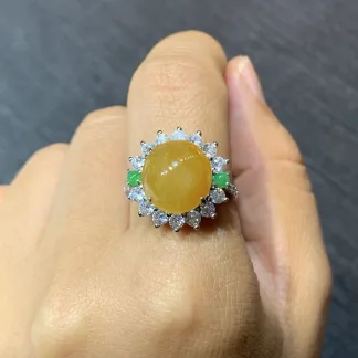 Icy Honey Yellow Natural Jadeite Cabochon Ring — S925 Silver · No. 5CF0