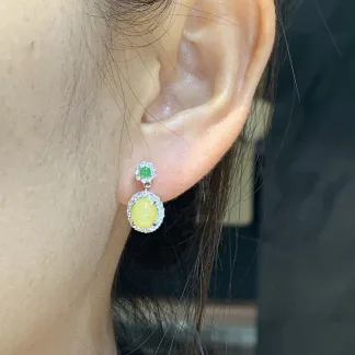 High-Icy Honey Yellow Natural Jadeite Cabochon Drop Earrings — S925 Silver · No. C8DF