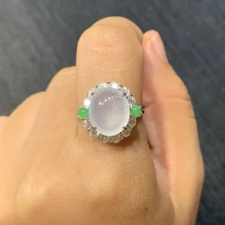 High-Icy Glowing Natural Jadeite Cabochon Ring — S925 Silver · No. D045