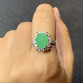 Icy Vivid Green Natural Jadeite Cabochon Ring — S925 Silver · No. FF16
