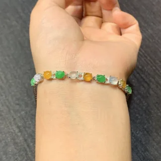 High-Icy Multicolor Natural Jadeite Cabochon Bracelet — S925 Silver · No. 5778