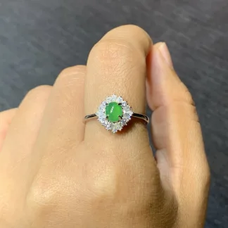 Icy Vivid Green Natural Jadeite Cabochon Ring — S925 Silver · No. 8F00