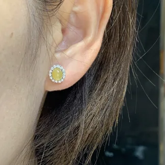 High-Icy Clear Green and Honey Yellow A/B Design Natural Jadeite Cabochon Stud Earrings — S925 Silver · No. 0F3E