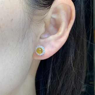 Icy Honey Yellow Natural Jadeite Cabochon Stud Earrings — S925 Silver · No. 7993