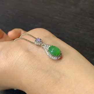 Icy Vivid Green Natural Jadeite Cabochon Pendant — S925 Silver · No. BEC6