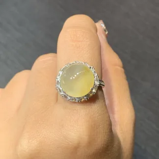 High-Icy Honey Yellow Natural Jadeite Cabochon Ring — S925 Silver · No. 7584