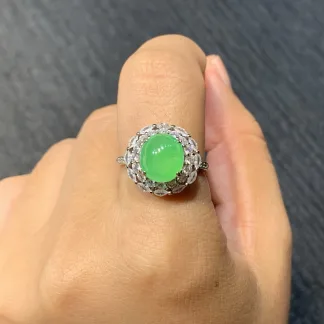 High-Icy Vivid Green Natural Jadeite Cabochon Ring — S925 Silver · No. 7AFF