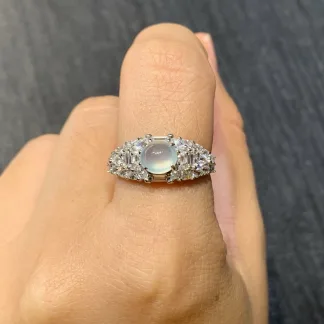High-Icy Glowing Natural Jadeite Cabochon Ring — S925 Silver · No. 3272
