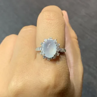High-Icy Glowing Natural Jadeite Cabochon Ring — S925 Silver · No. B2E8