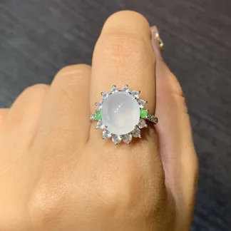 High-Icy Glowing Natural Jadeite Cabochon Ring — S925 Silver · No. FCAE