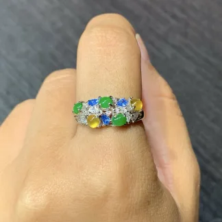高冰黄➕绿天然翡翠蛋面戒指 S925 银 · 编号 FB24