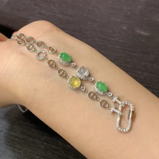 High-Icy Multicolor Natural Jadeite Convertible Cabochon Chain — S925 Silver · No. 8309