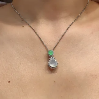 High-Icy White and Vivid Green Natural Jadeite Cabochon Pendant — S925 Silver · No. 27D8