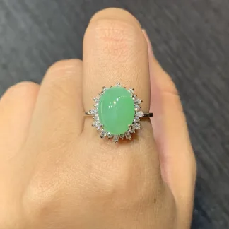 Icy Clear Vivid Green Natural Jadeite Cabochon Ring — S925 Silver · No. 93BF