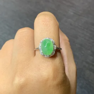 Icy Vivid Green Mottled Natural Jadeite Cabochon Ring — S925 Silver · No. 6F69