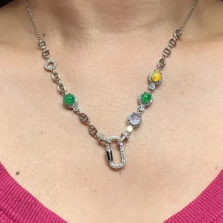 High-Icy Multicolor Natural Jadeite Convertible Cabochon Chain — S925 Silver · No. 4A74