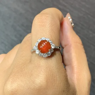 Icy Russet Red Natural Jadeite Cabochon Ring — S925 Silver · No. 285C