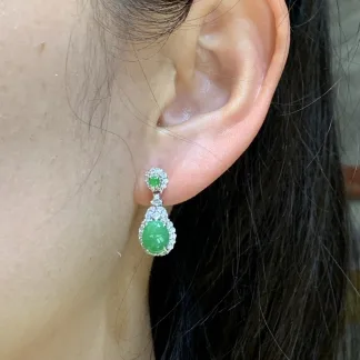 Vivid Green Natural Jadeite Cabochon Drop Earrings — S925 Silver · No. FF03