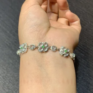 High-Icy Glowing Four-Leaf Clover Natural Jadeite Cabochon Bracelet — S925 Silver · No. 5B3B