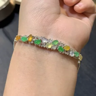 High-Icy Tricolor Natural Jadeite Cabochon Bracelet — S925 Silver · No. FFB5