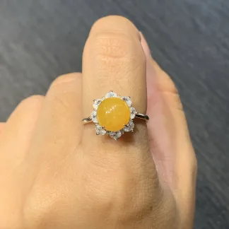 Icy Honey Yellow Natural Jadeite Cabochon Ring — S925 Silver · No. BA68