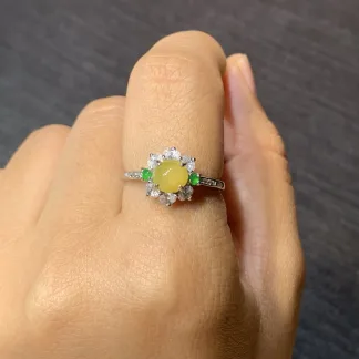 High-Icy Honey Yellow Natural Jadeite Cabochon Ring — S925 Silver · No. ECD4