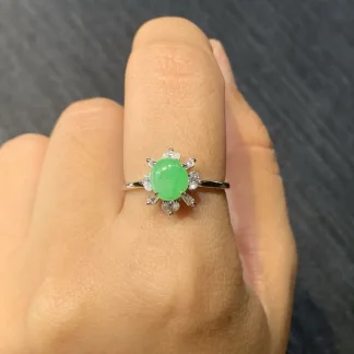 Icy Vivid Green Natural Jadeite Cabochon Ring — S925 Silver · No. 151C