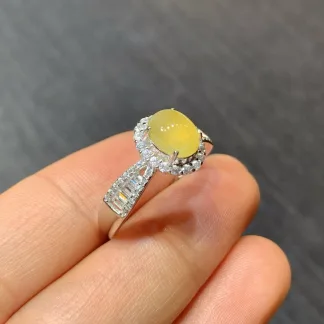 High-Icy Yellow Natural Jadeite Cabochon Ring — S925 Silver · No. 4960